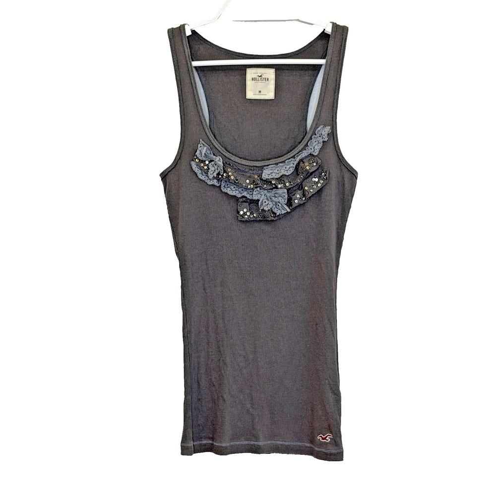 Hollister Ribbed Tank Top Womens‎ Size Medium Gray Lace Sequin Y2K Fairy Cami